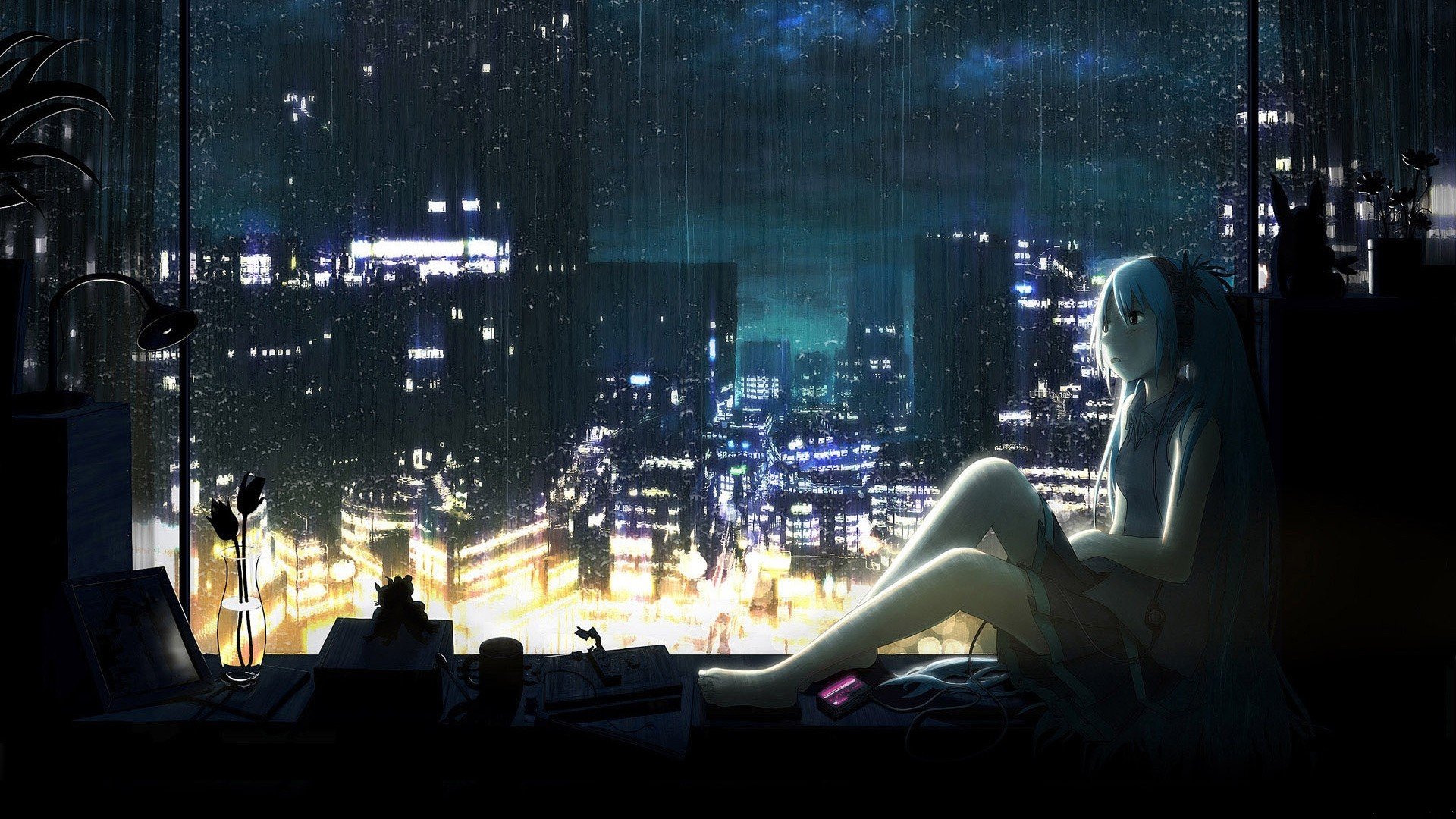 headphones, Water, Clouds, Cityscapes, Dark, Vocaloid, Night, Lights, Rain, Flowers, Hatsune, Miku, Wet, Skirts, Cups, Long, Hair, Window, Barefoot, Lamps, Books, Skyscapes, Anime, Girls, Vase, Mp3, Player Wallpaper