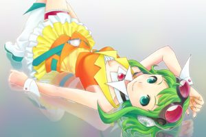headphones, Boots, Vocaloid, Cleavage, Skirts, Green, Eyes, Goggles, Short, Hair, Green, Hair, Smiling, Blush, Lying, Down, Megpoid, Gumi, Cuffs, Reflections, Simple, Background, Anime, Girls, Garters, Bangs, He