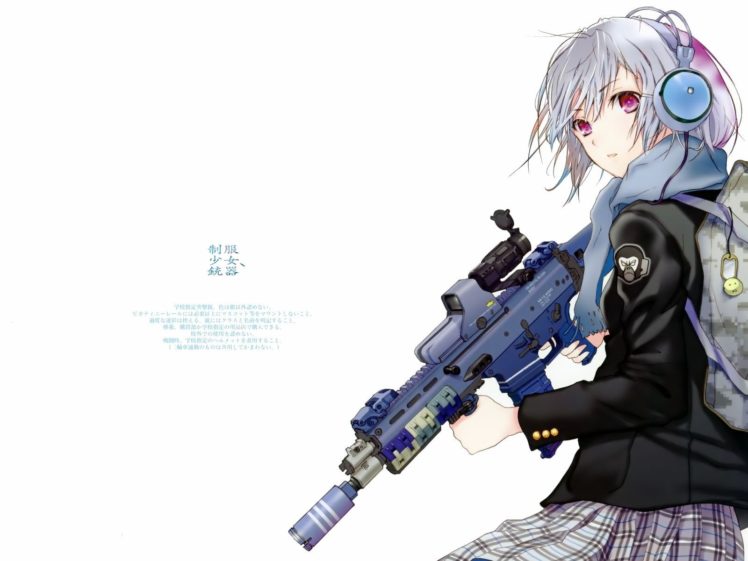 guns, Weapons, Girls, With, Guns, Fuyuno, Haruaki, White, Hair, Pink, Eyes, Simple, Background, Anime, Girls, Acr HD Wallpaper Desktop Background
