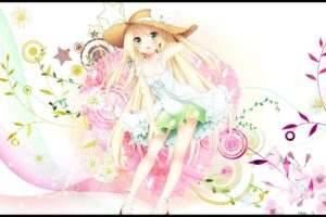 blondes, Dress, Flowers, Stars, Circles, Long, Hair, Green, Eyes, Blush, Bows, Armpits, Open, Mouth, White, Dress, Hats, Anime, Girls, Spaghetti, Straps, Bangs, Flat, Chested, Original, Characters, Bare, Shoulde