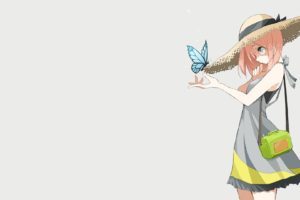 dress, Blue, Eyes, Straw, Hat, Orange, Hair, Simple, Background, Anime, Girls, Grey, Background, Butterflies, Original, Characters