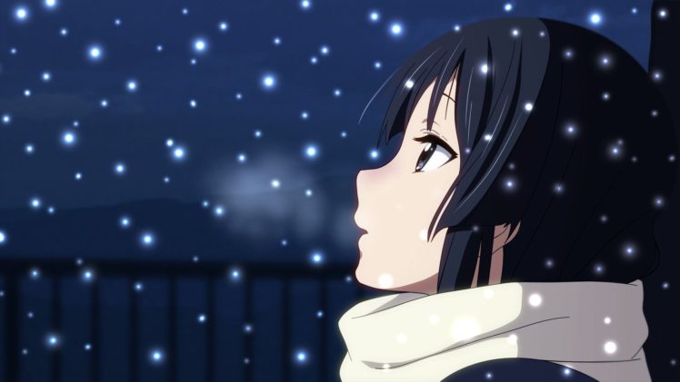 snow, K on , Black, Eyes, Akiyama, Mio, Anime, Scarfs, Black, Hair HD Wallpaper Desktop Background