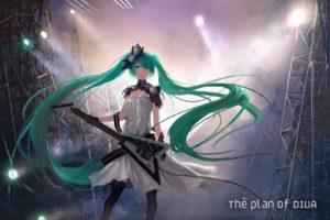 tattoos, Vocaloid, Gloves, Dress, Lights, Flowers, Stockings, Hatsune, Miku, Text, Long, Hair, Green, Eyes, Thigh, Highs, Green, Hair, Instruments, Guitars, Twintails, Electric, Guitars, Stage, White, Dress, Sof