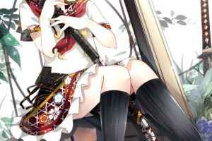 ribbons, Red, Eyes, Short, Hair, Seifuku, White, Hair, Anime, Girls, Swords, Original, Characters