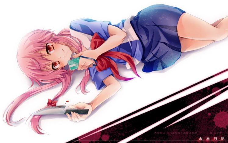 school, Uniforms, Pink, Hair, Red, Eyes, Cellphones, Knives, Anime, Anime, Girls, Mirai, Nikki, Gasai, Yuno HD Wallpaper Desktop Background