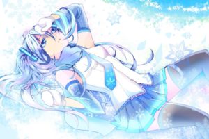 snow, Vocaloid, Gloves, White, Hatsune, Miku, Blue, Eyes, Tie, Skirts, Long, Hair, Thigh, Highs, Twintails, Snowflakes, Lying, Down, Scarfs, White, Hair, Yuki, Miku, Detached, Sleeves, Vocaloid, Fanmade