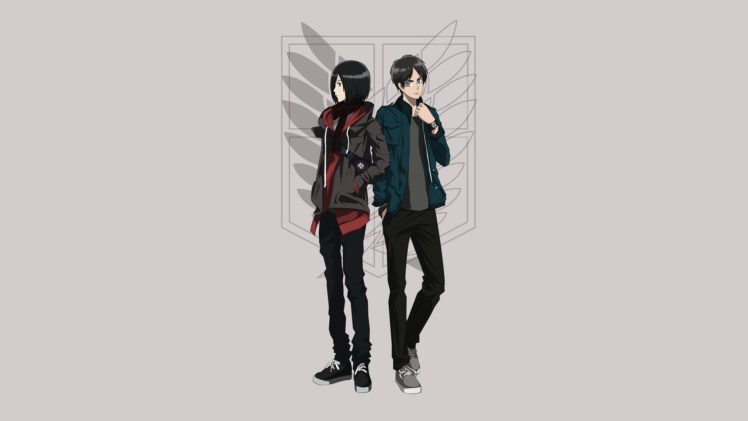 anime, Anime, Boys, Simple, Background, Anime, Girls, Grey, Background, Shingeki, No, Kyojin, Mikasa, Ackerman, Eren, Jaeger HD Wallpaper Desktop Background