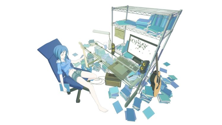 women, Blue, Computers, Keyboards, Speakers, Blue, Hair, Barefoot, Lamps, Books, Short, Hair, Instruments, Guitars, Calendar, Chairs, Sitting, Navel, Hoodies, Shorts, Closed, Eyes, Graphics, Tablets, Simple, Bac HD Wallpaper Desktop Background