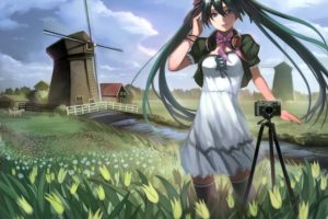 headphones, Clouds, Vocaloid, Dress, Flowers, Hatsune, Miku, Blue, Eyes, Fields, Long, Hair, Ribbons, Cameras, Tulips, Thigh, Highs, Green, Hair, Twintails, Bows, Windmills, White, Dress, Skyscapes, Hair, Orname