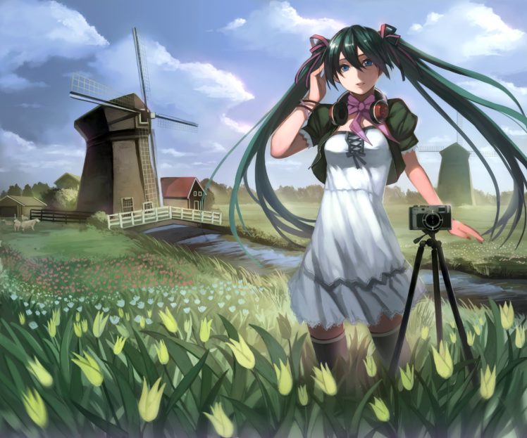 headphones, Clouds, Vocaloid, Dress, Flowers, Hatsune, Miku, Blue, Eyes, Fields, Long, Hair, Ribbons, Cameras, Tulips, Thigh, Highs, Green, Hair, Twintails, Bows, Windmills, White, Dress, Skyscapes, Hair, Orname HD Wallpaper Desktop Background