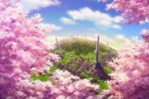 clouds, Cherry, Blossoms, Hills, Anime, Cherry, Tree, Sun, Rays, Sun, Flower