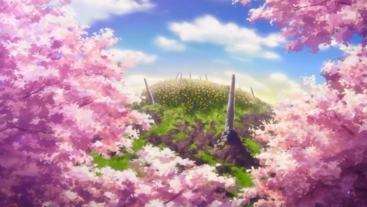 clouds, Cherry, Blossoms, Hills, Anime, Cherry, Tree, Sun, Rays, Sun,  Flower Wallpapers HD / Desktop and Mobile Backgrounds