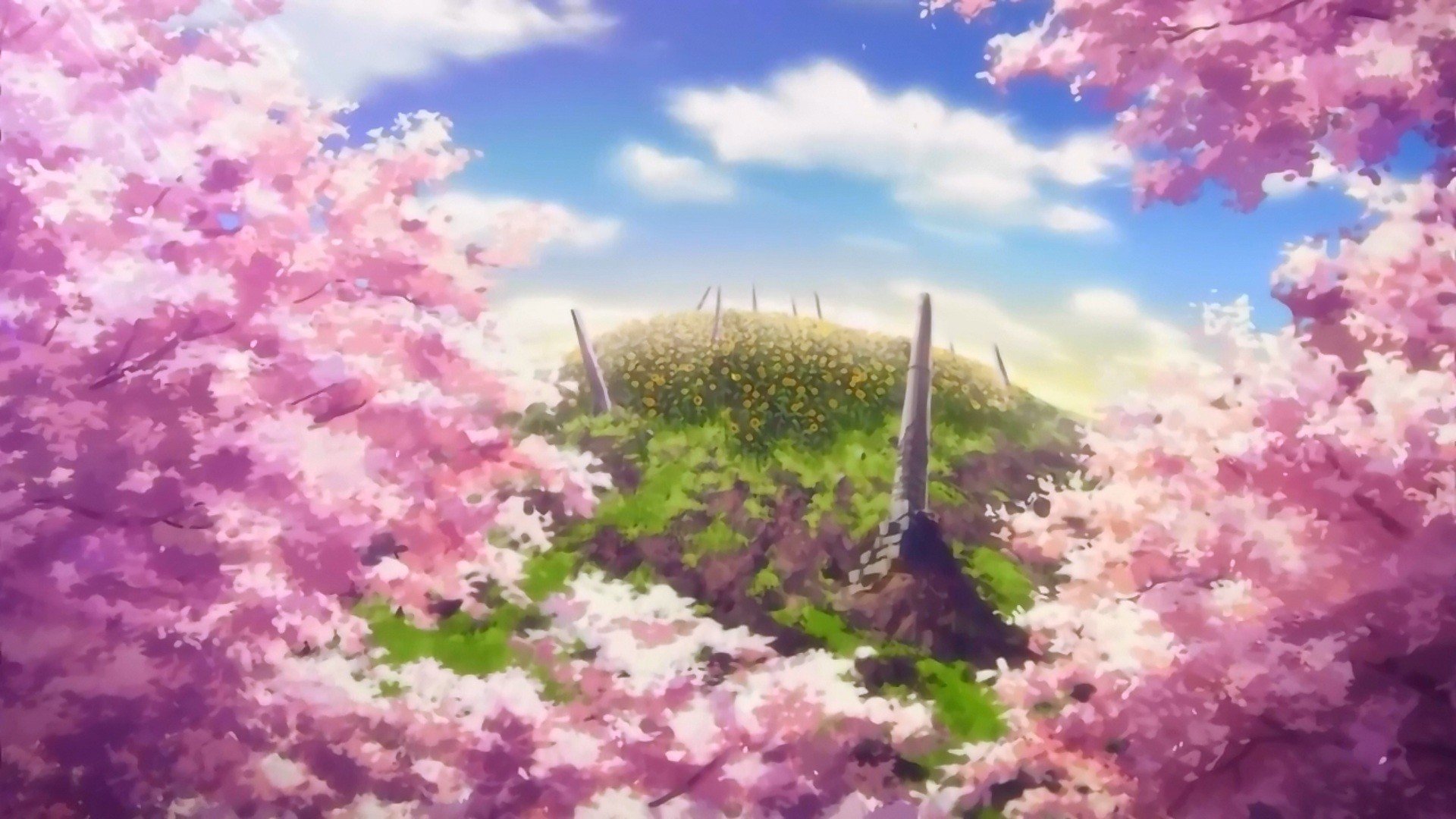 clouds, Cherry, Blossoms, Hills, Anime, Cherry, Tree, Sun, Rays, Sun, Flower Wallpaper