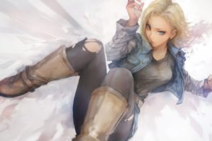 android, 18, Blonde, Hair, Blue, Eyes, Boots, Dragonball, Miche, Short, Hair, Torn, Clothes