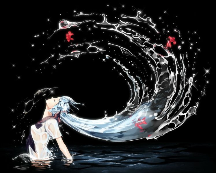 animal, Aqua, Hair, Black, Bon, Nob, Bottle, Miku, Fish, Hatsune, Miku, Long, Hair, See, Through, Twintails, Vocaloid, Water, Wet HD Wallpaper Desktop Background