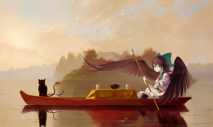 animal, Black, Hair, Boat, Bow, Brown, Eyes, Cat, Drink, Feng, Ze, Kaenbyou, Rin, Long, Hair, Multiple, Tails, Reiuji, Utsuho, Sky, Tail, Touhou, Water, Wings HD Wallpaper Desktop Background