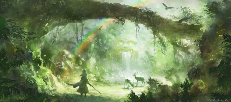 animal, Bird, Cape, Forest, Hat, Lost, Elle, Original, Rainbow, Scenic, Sword, Tree, Water, Waterfall, Weapon HD Wallpaper Desktop Background