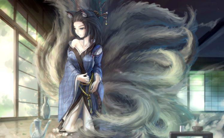 animal, Ears, Black, Hair, Blue, Eyes, Foxgirl, Japanese, Clothes, Kikivi, Kimono, Long, Hair, Multiple, Tails, Original, Tail HD Wallpaper Desktop Background