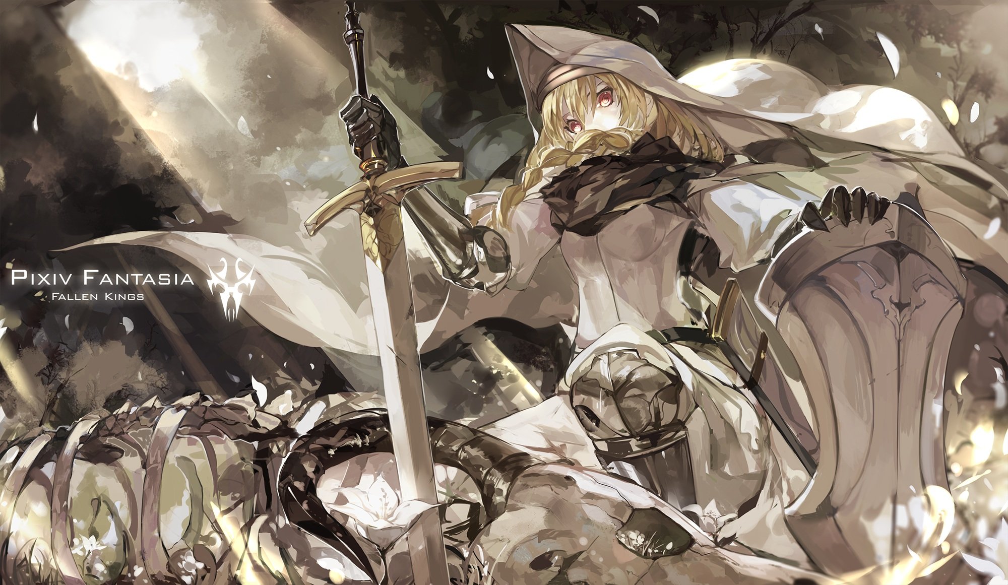 armor, Blonde, Hair, Braids, Brown, Eyes, Petals, Pixiv, Fantasia, Saberiii, Sword, Weapon Wallpaper