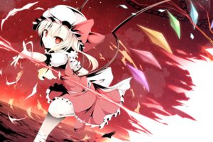 blonde, Hair, Bow, Chain, Dress, Fire, Flandre, Scarlet, Hat, Pen zin, Red, Red, Eyes, Short, Hair, Touhou, Weapon, Wings