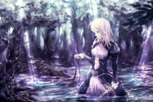 blonde, Hair, Dress, Fate, Stay, Night, Forest, Long, Hair, Nuwanko, Ribbons, Saber, Sword, Tree, Type moon, Water, Weapon