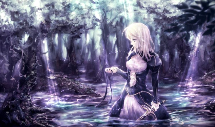 blonde, Hair, Dress, Fate, Stay, Night, Forest, Long, Hair, Nuwanko, Ribbons, Saber, Sword, Tree, Type moon, Water, Weapon HD Wallpaper Desktop Background