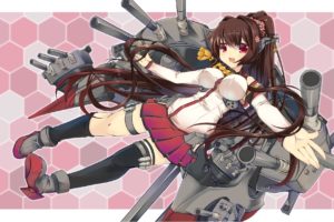 boots, Brown, Hair, Kantai, Collection, Kneehighs, Long, Hair, Ponytail, Red, Eyes, Sesield, Skirt, Thighhighs, Weapon, Yamato,  kancolle