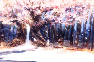 forest, Leaves, Original, Petals, Prophet, Heart, Tree, Twintails, Water, Waterfall