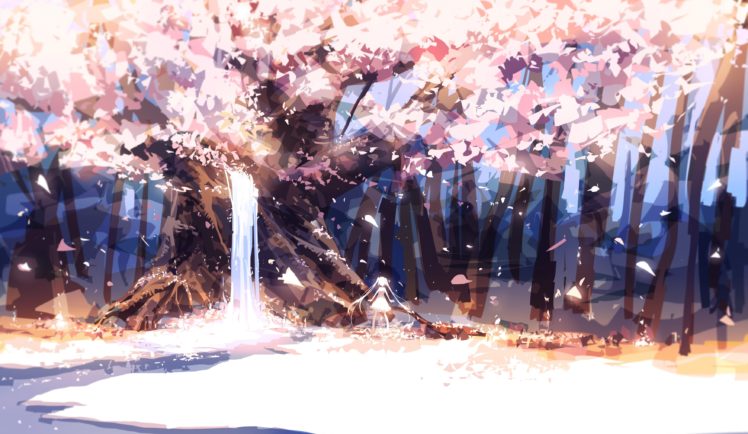 forest, Leaves, Original, Petals, Prophet, Heart, Tree, Twintails, Water, Waterfall HD Wallpaper Desktop Background