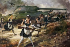 tanks, War, Hjl, Is 3, Schoolgirls, Anime, Girls, Original