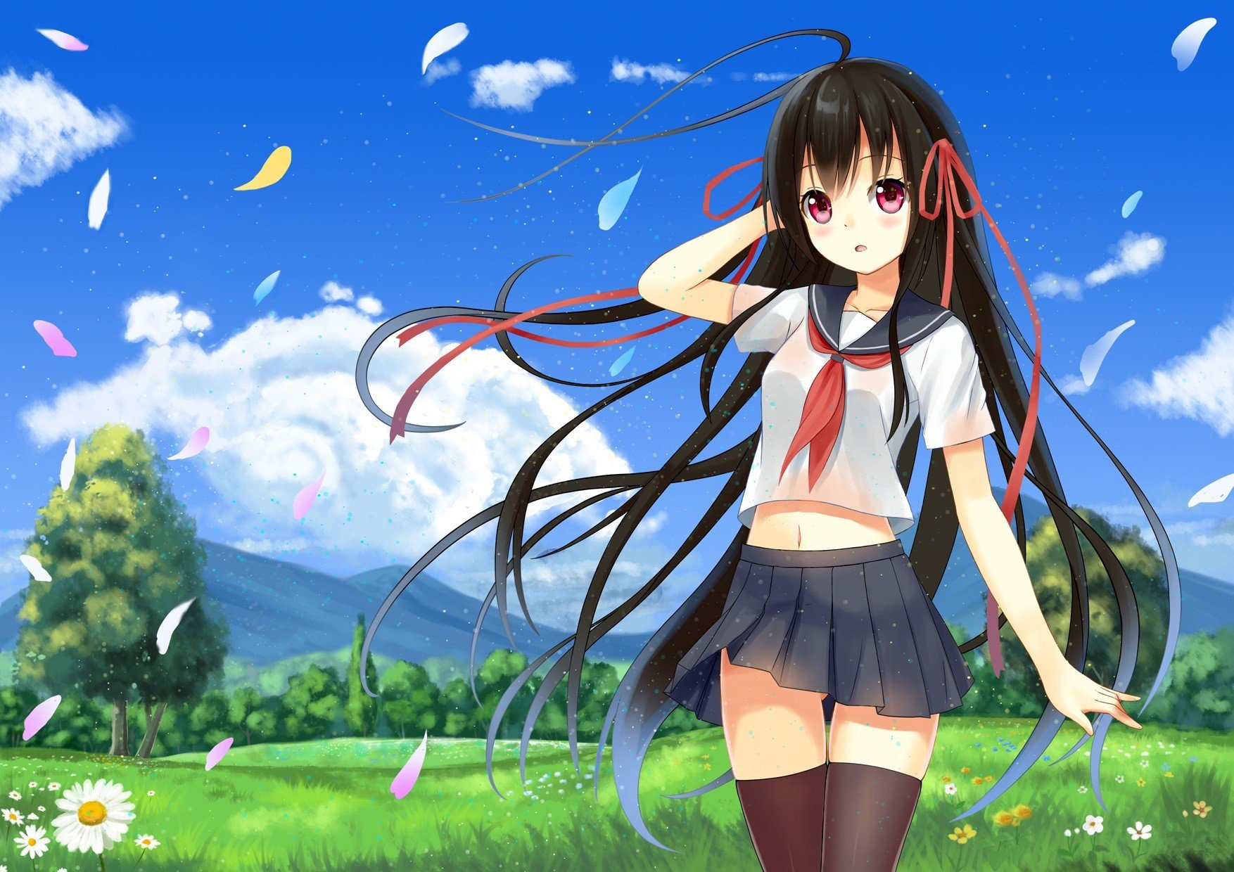 clouds, Flowers, Leaves, Grass, Long, Hair, Ribbons, Seifuku, Anime, Pink, Eyes, Anime, Girls, Black, Hair Wallpaper
