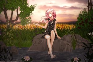 water, Clouds, Nature, Trees, Dress, Flowers, Rocks, Long, Hair, Sparkles, Ponds, Plants, Barefoot, Pink, Hair, Red, Eyes, Twintails, Black, Dress, Lily, Pads, Skyscapes, Bushes, Guilty, Crown, Hair, Ornaments,