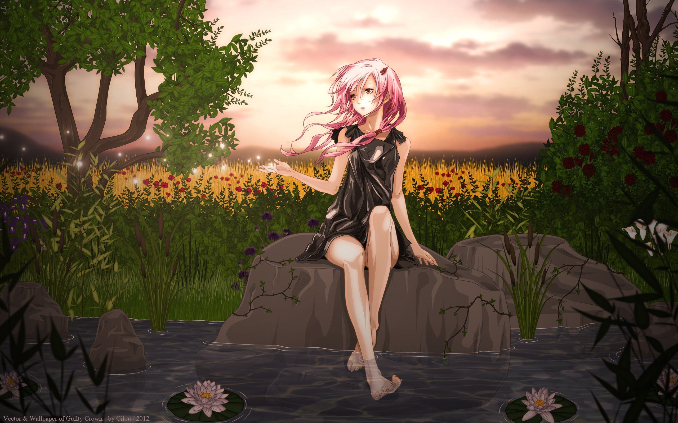water, Clouds, Nature, Trees, Dress, Flowers, Rocks, Long, Hair, Sparkles, Ponds, Plants, Barefoot, Pink, Hair, Red, Eyes, Twintails, Black, Dress, Lily, Pads, Skyscapes, Bushes, Guilty, Crown, Hair, Ornaments, Wallpaper
