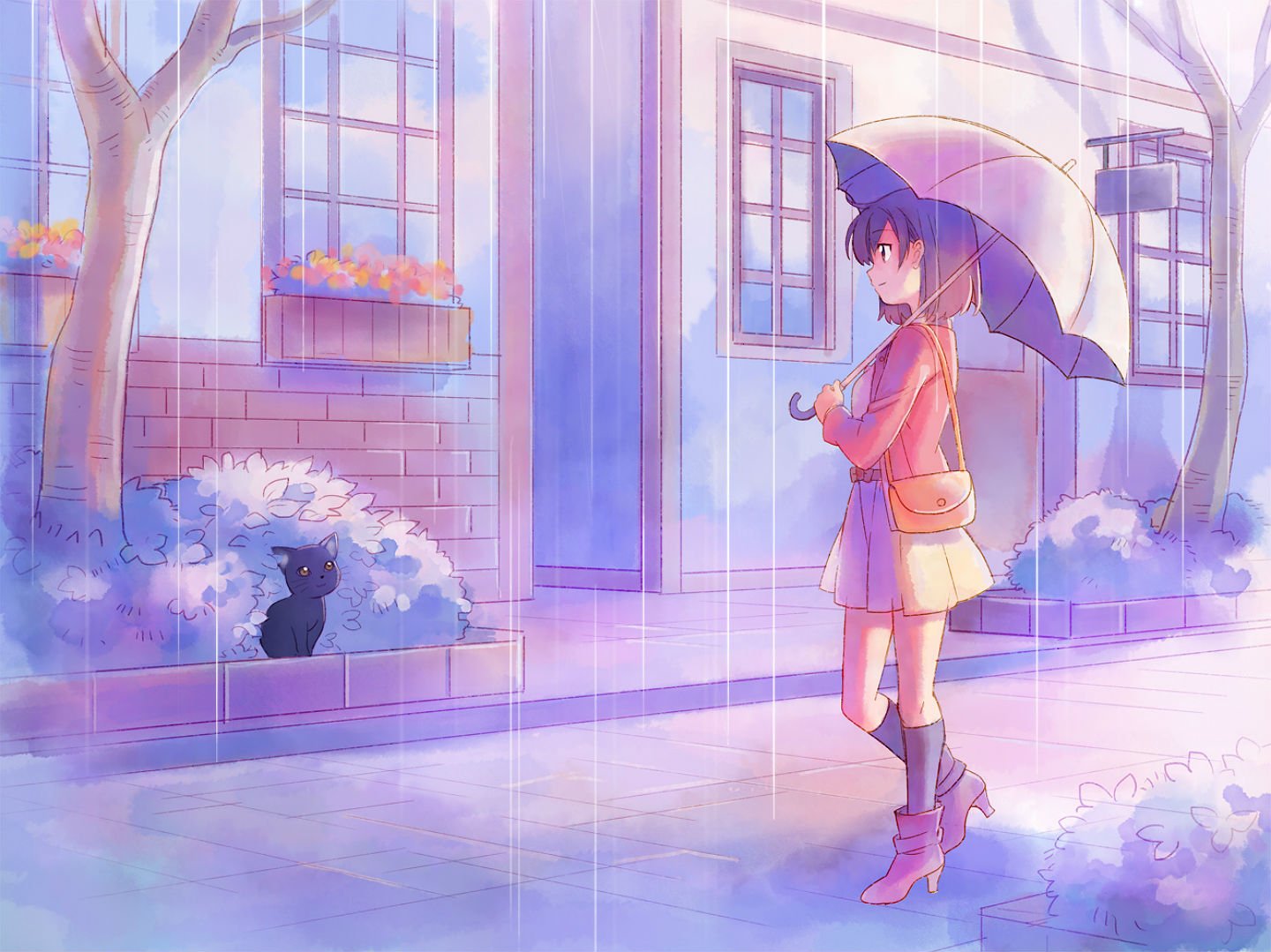animal, Boots, Cat, Kneehighs, Original, Rain, Shati, Short, Hair, Skirt, Umbrella, Water Wallpaper