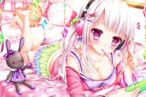 barefoot, Bed, Breasts, Cleavage, Doll, Game, Console, Headphones, Pink, Eyes, Pink, Hair, Pocky, Shitou, Tagme