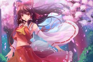 black, Hair, Bow, Cherry, Blossoms, Hakurei, Reimu, Japanese, Clothes, Long, Hair, Miko, Navel, Petals, Red, Eyes, Skirt, Touhou, Tree, Twintails, Youxuemingdie