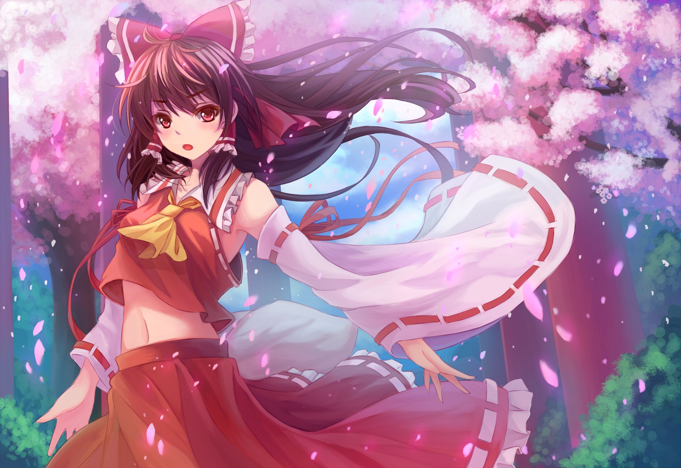 black, Hair, Bow, Cherry, Blossoms, Hakurei, Reimu, Japanese, Clothes, Long, Hair, Miko, Navel, Petals, Red, Eyes, Skirt, Touhou, Tree, Twintails, Youxuemingdie Wallpaper