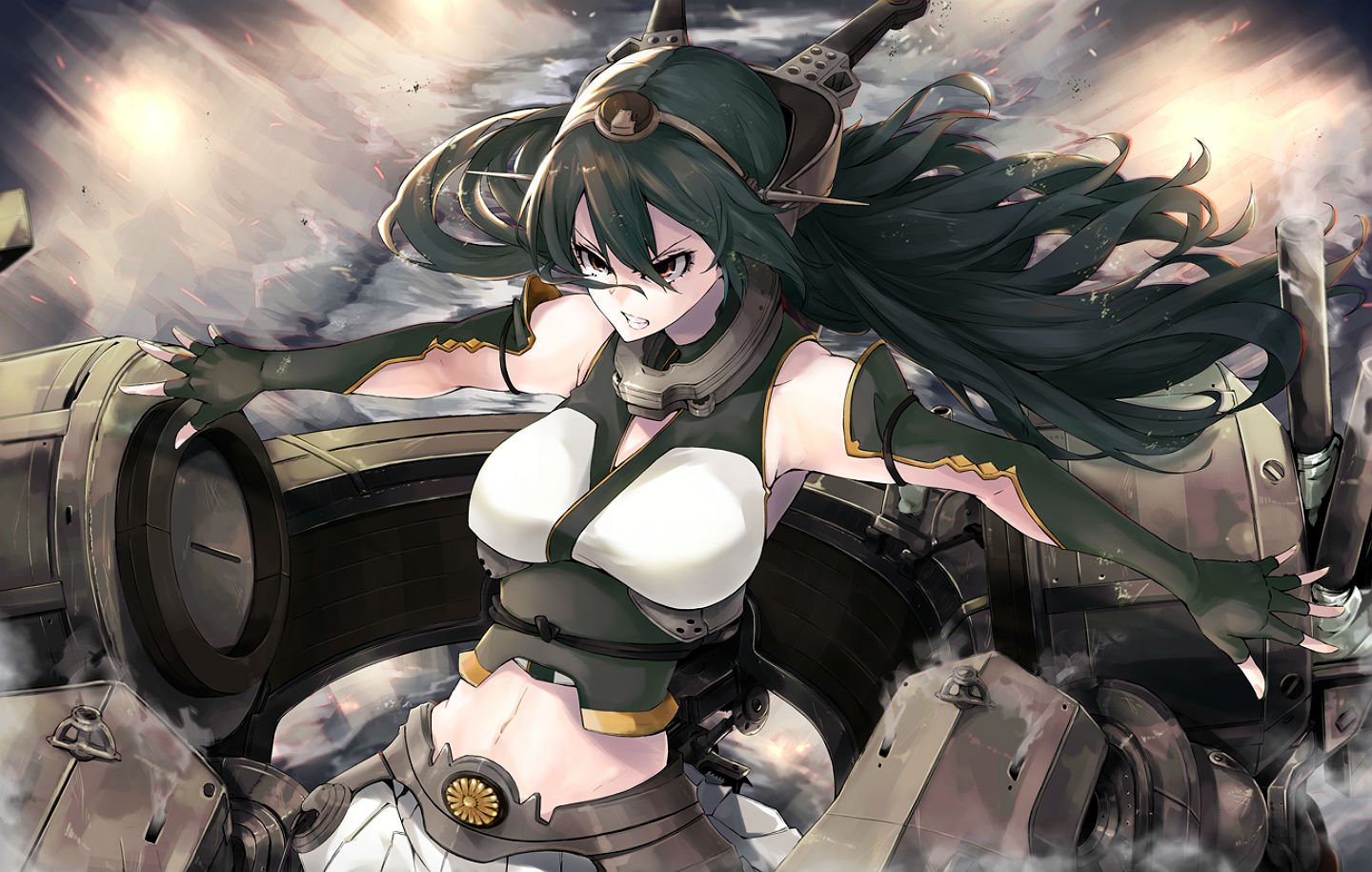 black, Hair, Brown, Eyes, Elbow, Gloves, Gloves, Headband, Kantai, Collection, Long, Hair, Mirre, Nagato,  kancolle , Navel Wallpaper