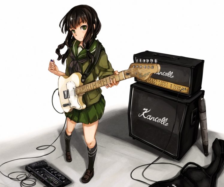 black, Hair, Green, Eyes, Guitar, Instrument, Kantai, Collection, Kitakami,  kancolle , Maki, Pei, Seifuku HD Wallpaper Desktop Background