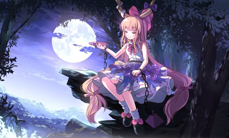 horns, Ibuki, Suika, Moon, Night, Risutaru, Touhou, Tree HD Wallpaper Desktop Background