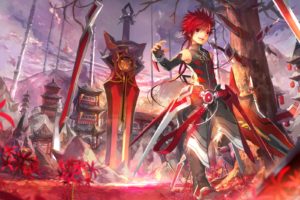 all, Male, Elbow, Gloves, Elsword, Flowers, Male, Necklace, Red, Eyes, Red, Hair, Scorpion5050, Sword, Tree, Weapon