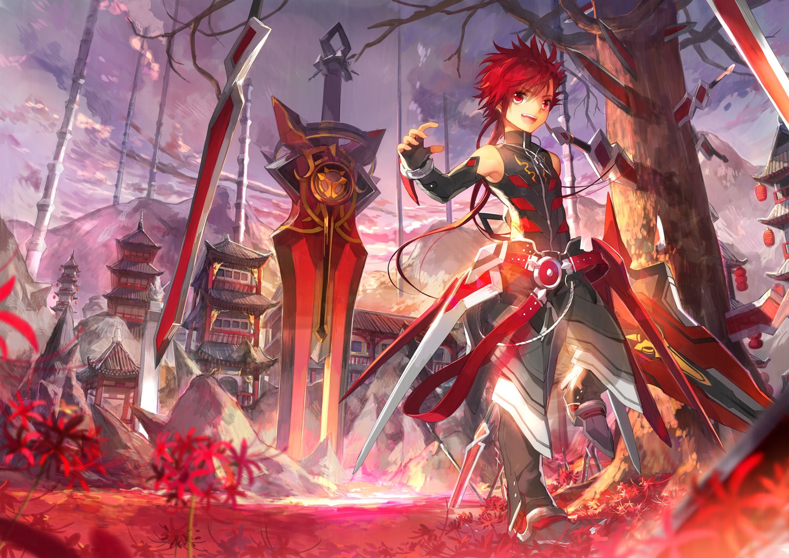 all, Male, Elbow, Gloves, Elsword, Flowers, Male, Necklace, Red, Eyes, Red, Hair, Scorpion5050, Sword, Tree, Weapon Wallpaper