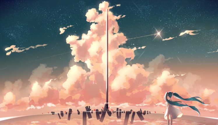 aqua, Hair, Clouds, Dress, Hatsune, Miku, Original, Phantania, Scenic, Sky, Stars, Twintails, Water HD Wallpaper Desktop Background