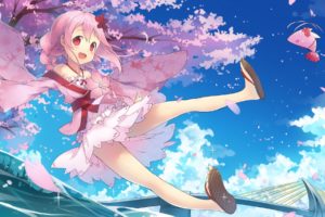 blush, Braids, Cherry, Blossoms, Clouds, Fang, Fred04142, Japanese, Clothes, Loli, Long, Hair, Necklace, Petals, Pink, Hair, Red, Eyes, Sergestid, Shrimp, Tree