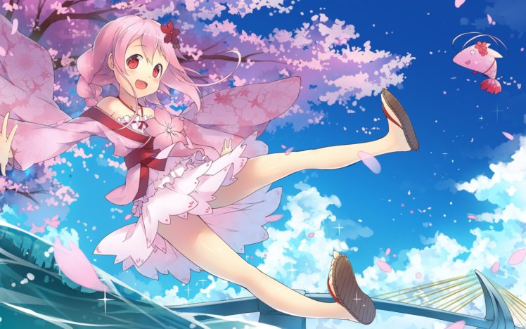 blush, Braids, Cherry, Blossoms, Clouds, Fang, Fred04142, Japanese, Clothes, Loli, Long, Hair, Necklace, Petals, Pink, Hair, Red, Eyes, Sergestid, Shrimp, Tree HD Wallpaper Desktop Background