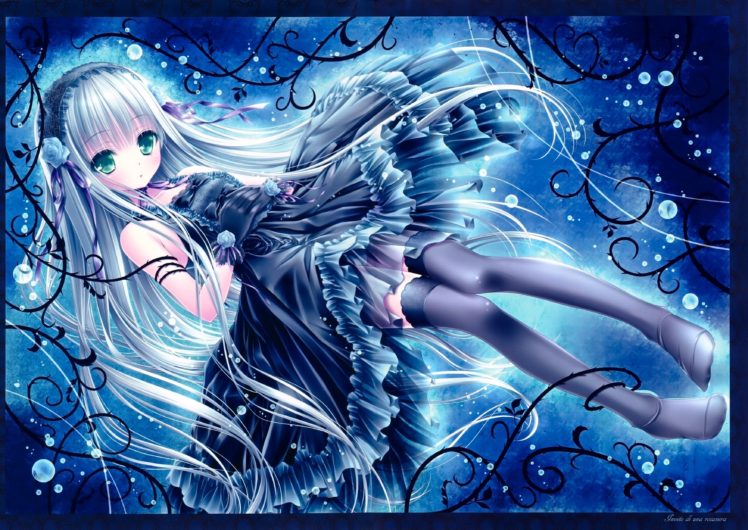 blue, Hair, Bubbles, Dress, Gloves, Gothic, Goth loli, Green, Eyes, Headdress, Long, Hair, Ribbons, Scan, Thighhighs, Tinkerbell, Tinkle HD Wallpaper Desktop Background