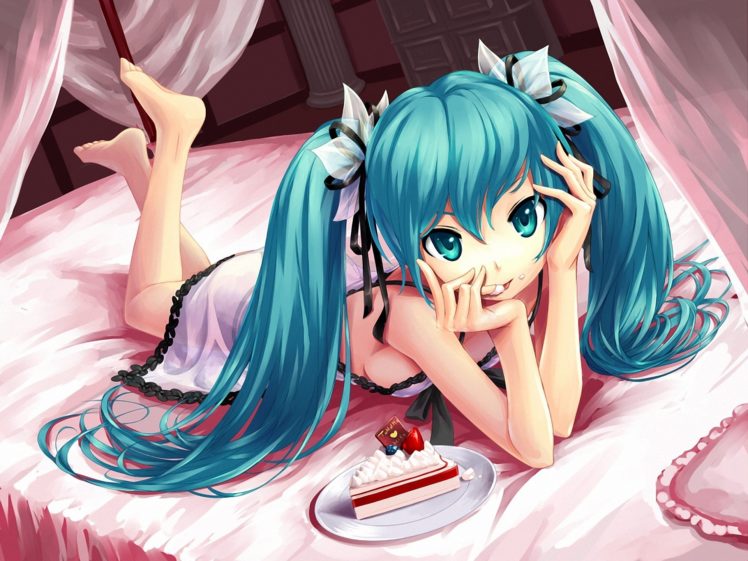 vocaloid, Hatsune, Miku, Cake, Hair, Bed, Anime, Girls HD Wallpaper Desktop Background