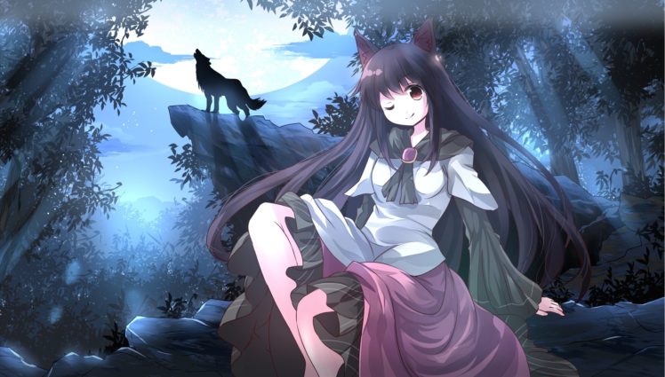 animal, Ears, Forest, Imaizumi, Kagerou, Moon, Night, Risutaru, Touhou, Tree, Wolf HD Wallpaper Desktop Background