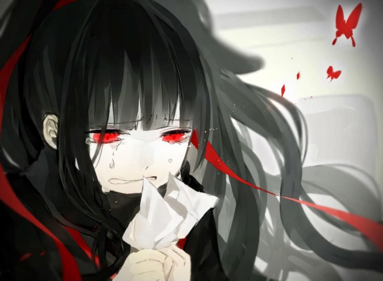 azami,  kagerou, Project , Black, Hair, Butterfly, Close, Crying, Kagerou, Project, Long, Hair, Paper, Pecchii, Red, Eyes, Ribbons, Tears HD Wallpaper Desktop Background