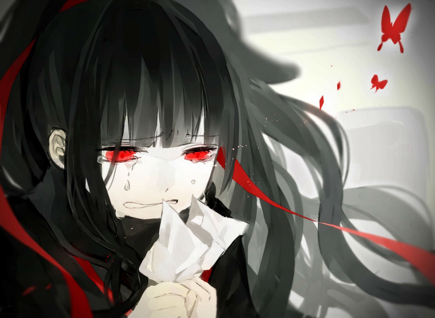 azami,  kagerou, Project , Black, Hair, Butterfly, Close, Crying, Kagerou, Project, Long, Hair, Paper, Pecchii, Red, Eyes, Ribbons, Tears Wallpaper